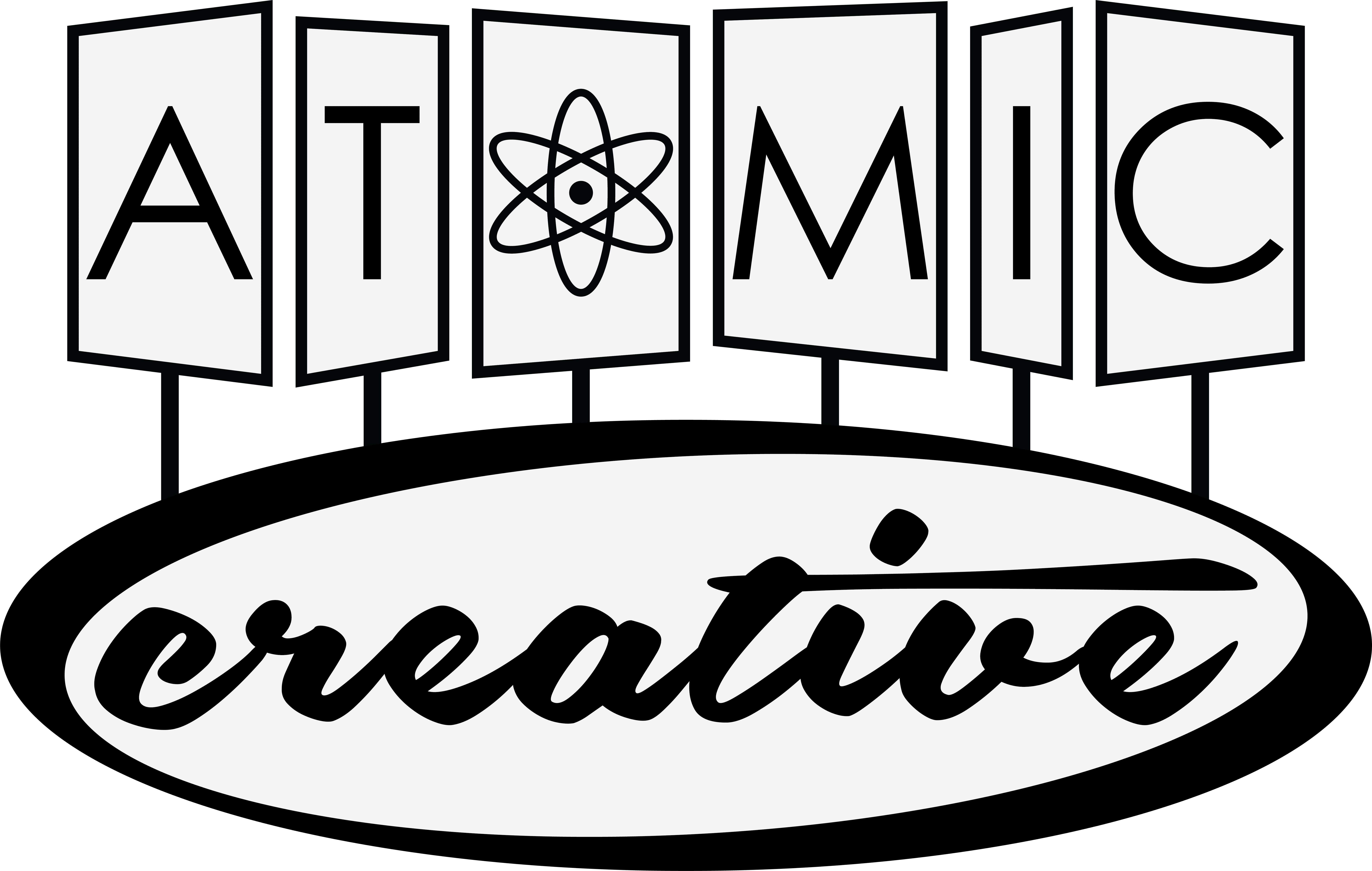 Atomic Creative loge - white with black outline